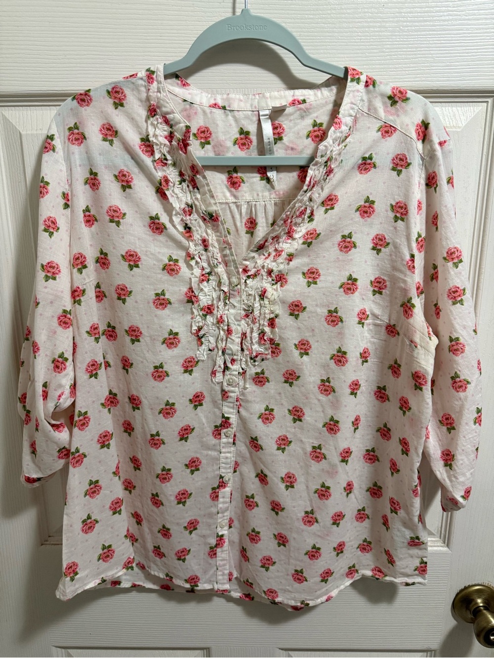 LC Lauren Conrad White Blouse with Pink Rose Print and Ruffle V-Neck